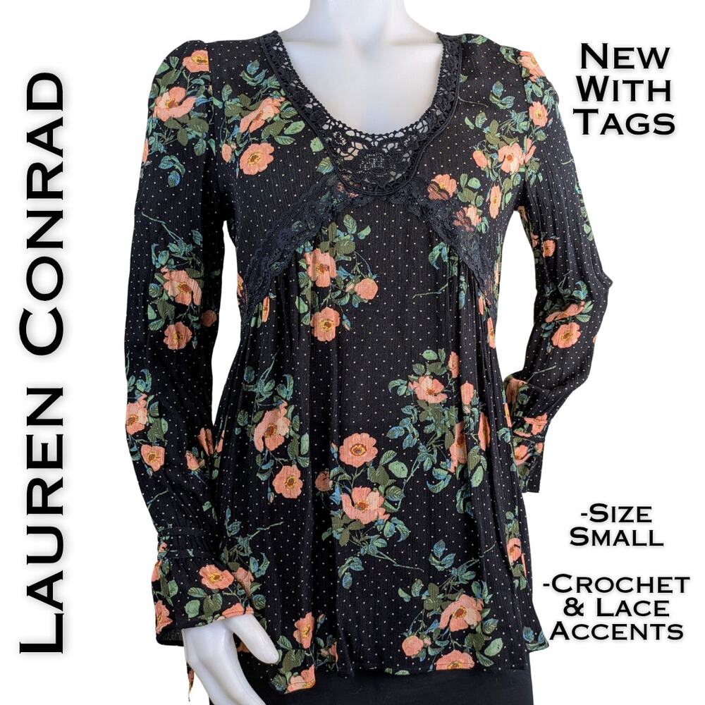 Lauren Conrad Horizon Top Small Black Peach Floral Crochet  Boho Cottagecore NEW